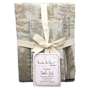 Nicole Miller Silver Gold Snowy Winter Forest 6 Napkin 60x84 Tablecloth Holiday